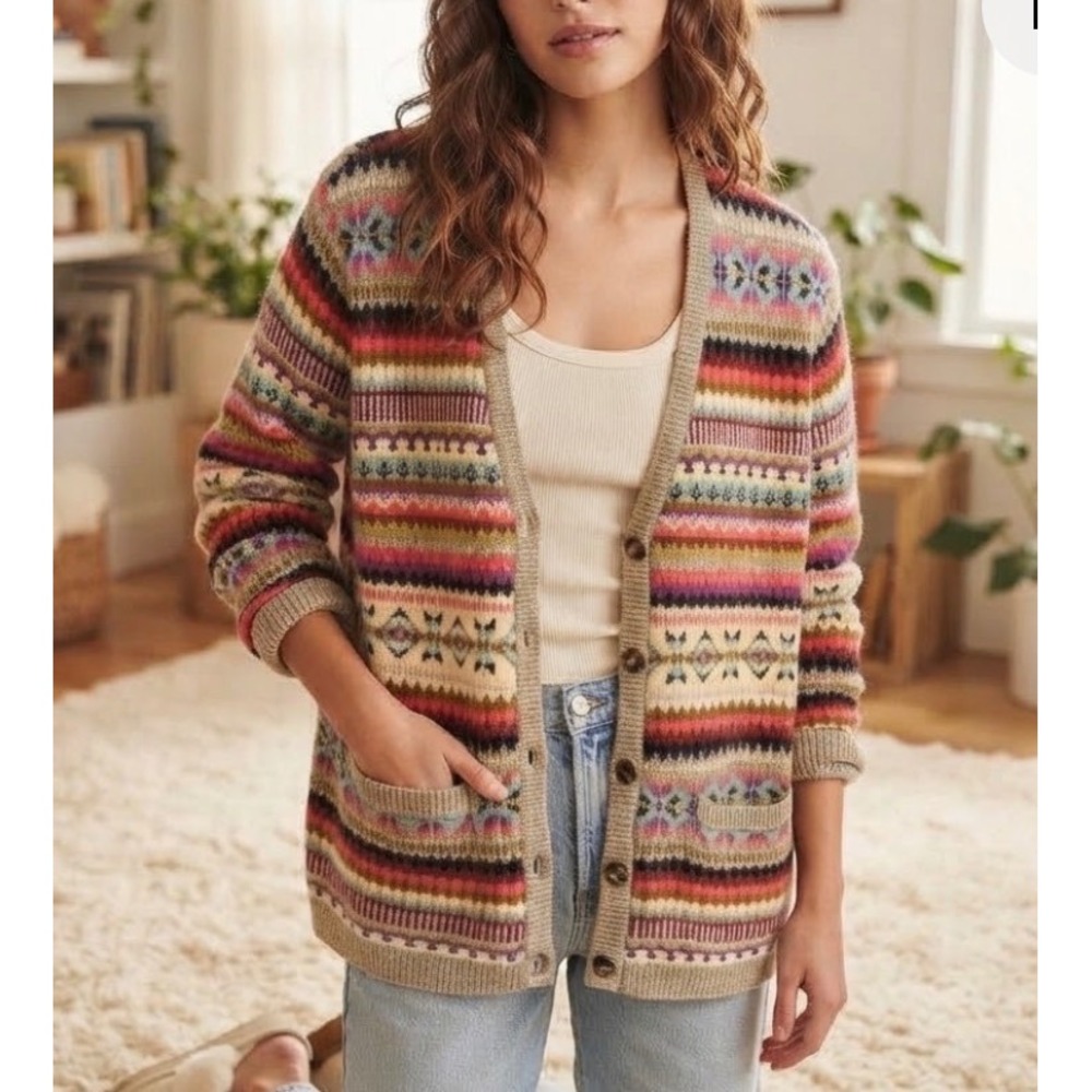 Sundance Multi Color Fair Isle Cotton Wool Blend Boyfriend Cardigan Sweater S